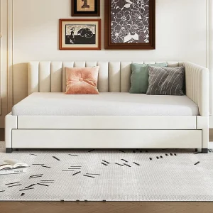 Gestoffeerd bed 140*200, slaapbank, multifunctioneel bed met lattenbodem, beige velours stof Gestoffeerd bed 140*200, slaapbank, multifunctioneel bed met lattenbodem, beige velours stof