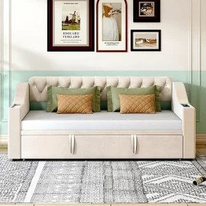 Gestoffeerd onderschuifbed, 90/180*190 cm, extra brede en dikke armleuningen (met USB-oplaadcontact),Beige Gestoffeerd onderschuifbed, 90/180*190 cm, extra brede en dikke armleuningen (met USB-oplaadcontact),Beige