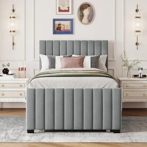Gestoffeerd bed 90 x 190 cm met uitschuifbaar bed, vlak eenpersoonsbed in huidvriendelijk velours Kinderbedden Tienerbedden Gastenbedden (grijs)