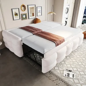 Gestoffeerd bed, uitschuifbare slaapbank, 90/180*190 cm, futonbed, fluwelen teddystof, tweepersoonsbed met lattenbodem, multifunctioneel bed,Beige Gestoffeerd bed, uitschuifbare slaapbank, 90/180*190 cm, futonbed, fluwelen teddystof, tweepersoonsbed met lattenbodem, multifunctioneel bed,Beige
