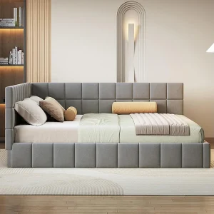 Gestoffeerd bed, slaapbank 160*200 Multifunctioneel bed met lattenbodem, zachte fluwelen stof Grijs Gestoffeerd bed, slaapbank 160*200 Multifunctioneel bed met lattenbodem, zachte fluwelen stof Grijs
