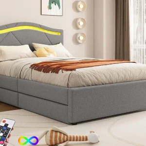 Gestoffeerd bed 90×200 cm – met LED-verlichting – met 2 lades – linnen – bed met lattenbodem – grijs (matras niet inbegrepen)