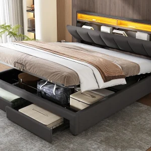 Gestoffeerd opbergbed 180x200cm in linnen met lade en LED – opberghoofdeinde – lattenbodem – Grijs Gestoffeerd opbergbed 180x200cm in linnen met lade en LED – opberghoofdeinde – lattenbodem – Grijs