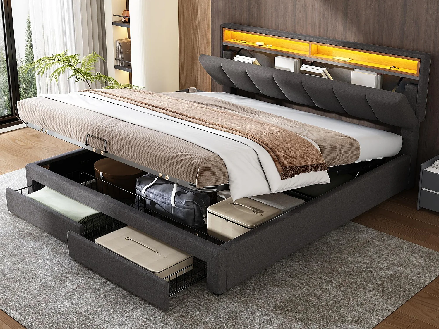 Gestoffeerd opbergbed 180x200cm in linnen met lade en LED - opberghoofdeinde - lattenbodem - Grijs