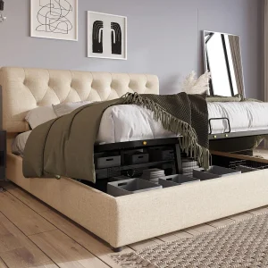 Gewatteerd opbergbed in linnenstof – 160x200cm – met lattenbodem – Licht naturel