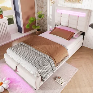 Gestoffeerd opbergbed 90x200cm – met LED-verlichting – Linnen – Grijs (zonder matras) Gestoffeerd opbergbed 90x200cm – met LED-verlichting – Linnen – Grijs (zonder matras)