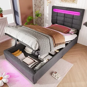 Gestoffeerd opbergbed 90x200cm – met LED-verlichting – Linnen – Grijs (zonder matras) Gestoffeerd opbergbed 90x200cm – met LED-verlichting – Linnen – Grijs (zonder matras)