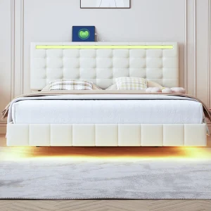 Gestoffeerd bed 140 x 200 cm, met ledverlichting en gestoffeerd zwevend frame, beige, linnen Gestoffeerd bed 140 x 200 cm, met ledverlichting en gestoffeerd zwevend frame, beige, linnen