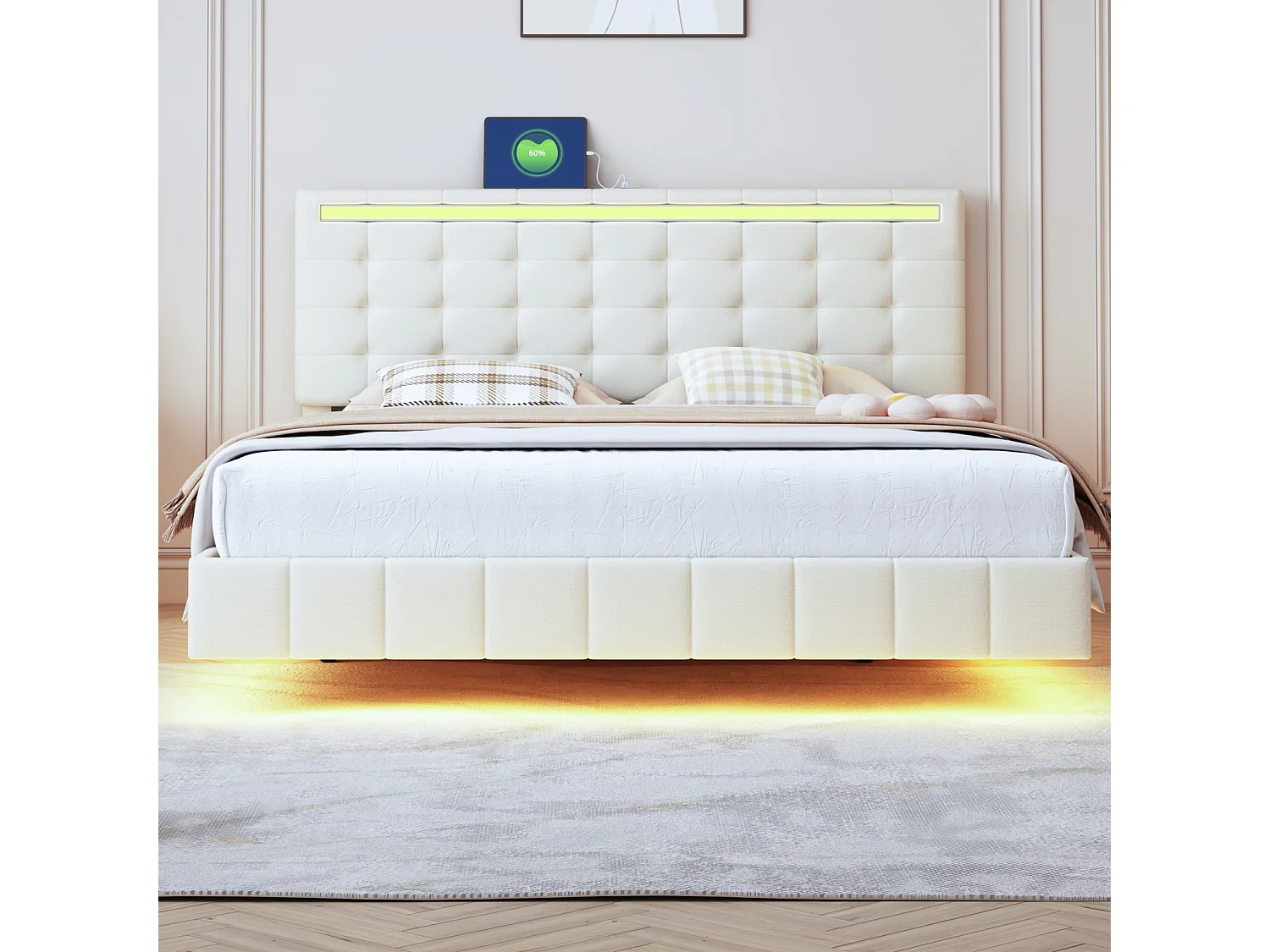 Gestoffeerd bed van 160 x 200 cm, met ledverlichting en gestoffeerd zwevend frame, beige, linnen