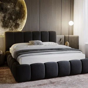 Gestoffeerd bed Cloud 200×200 zwart – opbergruimte voor beddengoed, houten lattenbodem, doorgestikt hoofdbord en bedframe