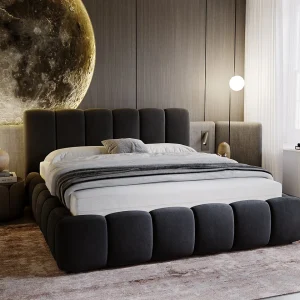 Gestoffeerd bed Cloud 180×200 zwart – opbergruimte voor beddengoed, houten lattenbodem, doorgestikt hoofdbord en bedframe