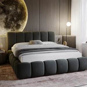 Gestoffeerd bed Cloud 140×200 donkergrijs – opbergruimte voor beddengoed, houten lattenbodem, doorgestikt hoofdbord en bedframe