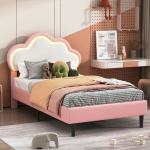 Gestoffeerd wolkenbed, met lattenbodem, 90 x 200 cm, PU, grijs + beige Gestoffeerd wolkenbed, met lattenbodem, 90 x 200 cm, PU, grijs + beige