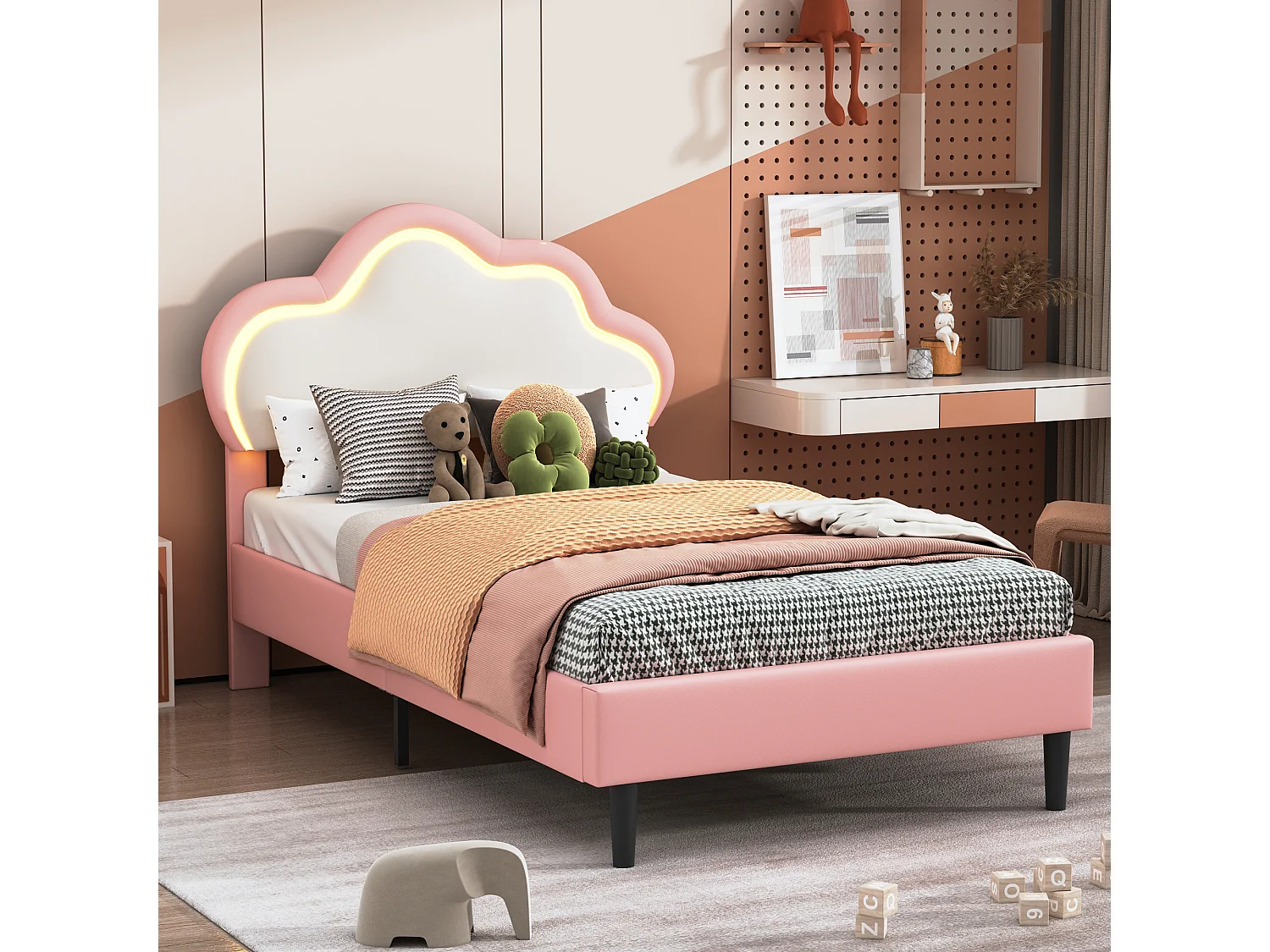 Gestoffeerd wolkenbed, met lattenbodem, 90 x 200 cm, PU, grijs + beige