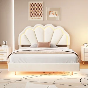 Hangend bed met lichtstrips rond de basis en het hoofdeinde, 140 x 200 cm, fluweel, beige