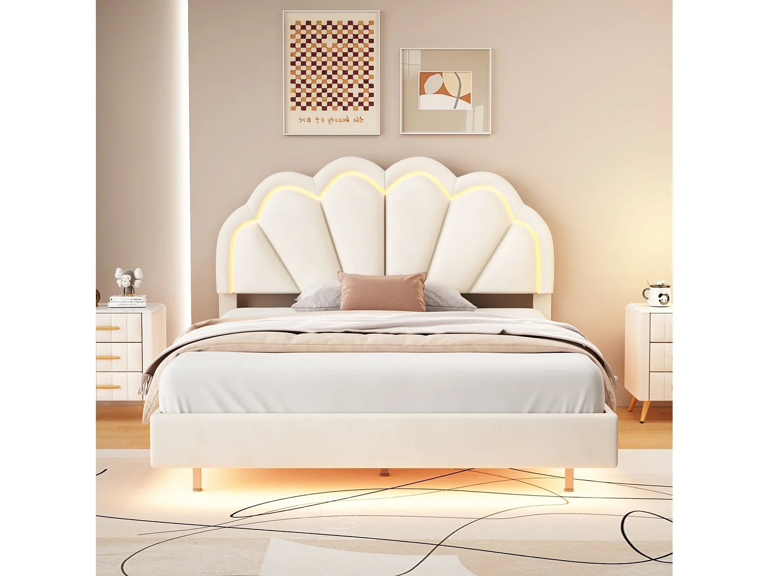 Hangend bed met lichtstrips rond de basis en het hoofdeinde, 140 x 200 cm, fluweel, beige
