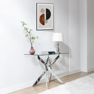 Consoletafel van gehard glas en chroomkleurig metaal – Transparant – COSIMA Consoletafel van gehard glas en chroomkleurig metaal – Transparant – COSIMA