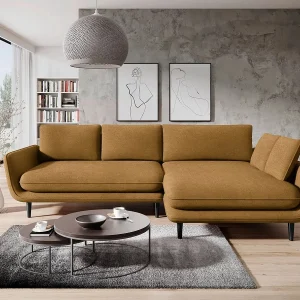 Hoekbank SOLANO met bedfunctie – Elegante Scandinavische bank 260×167 cm, Houten commode en poten, Bruin, Rechts Hoekbank SOLANO met bedfunctie – Elegante Scandinavische bank 260×167 cm, Houten commode en poten, Bruin, Rechts