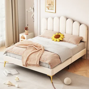 Gestoffeerd tweepersoonsbed 140 x 200 cm, bedframe met hoofdbord en lattenbodem, huidvriendelijk fluweel, beige Gestoffeerd tweepersoonsbed 140 x 200 cm, bedframe met hoofdbord en lattenbodem, huidvriendelijk fluweel, beige