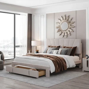 Gestoffeerd bed 140*200 cm, hoofdbord en grote lade, lattenbodem, zachte, huidvriendelijke flanellen stof, beige Gestoffeerd bed 140*200 cm, hoofdbord en grote lade, lattenbodem, zachte, huidvriendelijke flanellen stof, beige