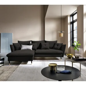Hoekbank GLAM met slaapfunctie, ottomane & gouden poten – fluwelen bank in glamstijl met sierkussens, 258x167x91cm, Linkerkant ZWART Hoekbank GLAM met slaapfunctie, ottomane & gouden poten – fluwelen bank in glamstijl met sierkussens, 258x167x91cm, Linkerkant ZWART