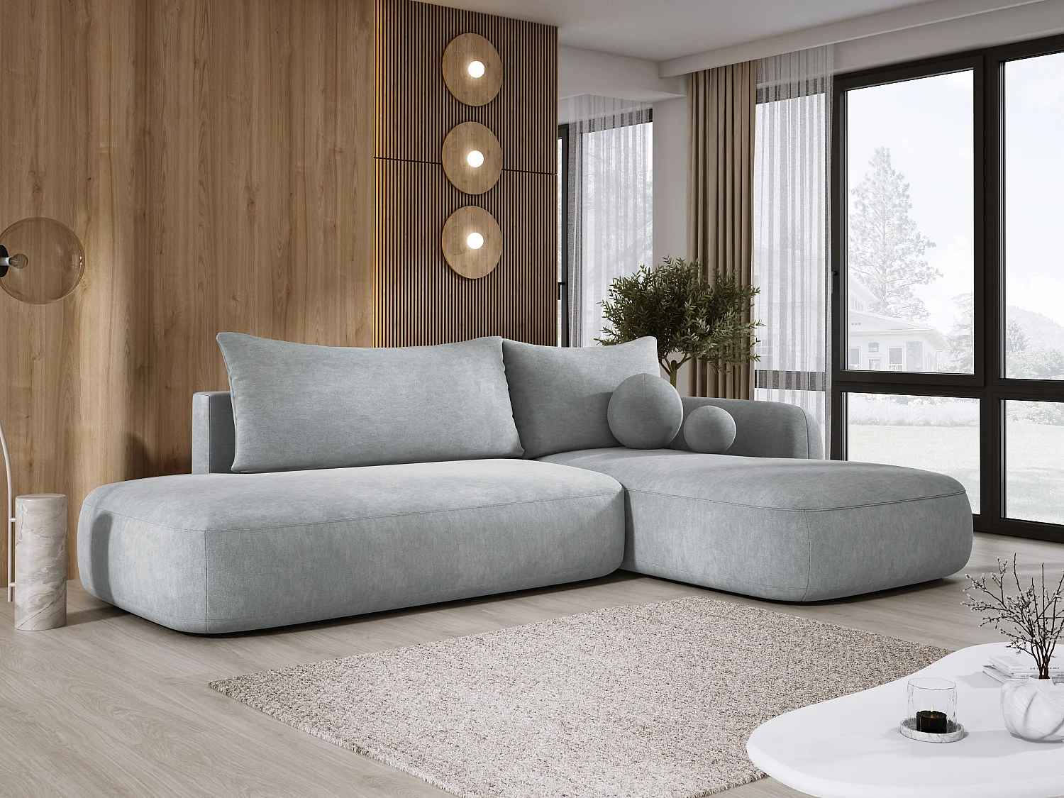 Hoekbank BABU met slaapfunctie – Moderne lounge voor woonkamer, functionele slaapbank in stof CLOUD, 300x105x60cm, rechterzijde, Lichtgrijs