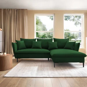 Hoekbank GLOSS met slaapfunctie, ottomane & gouden poten – fluwelen bank in GLOSSstijl met sierkussens, 258x167x91cm, Rechterkant BURGUNDY