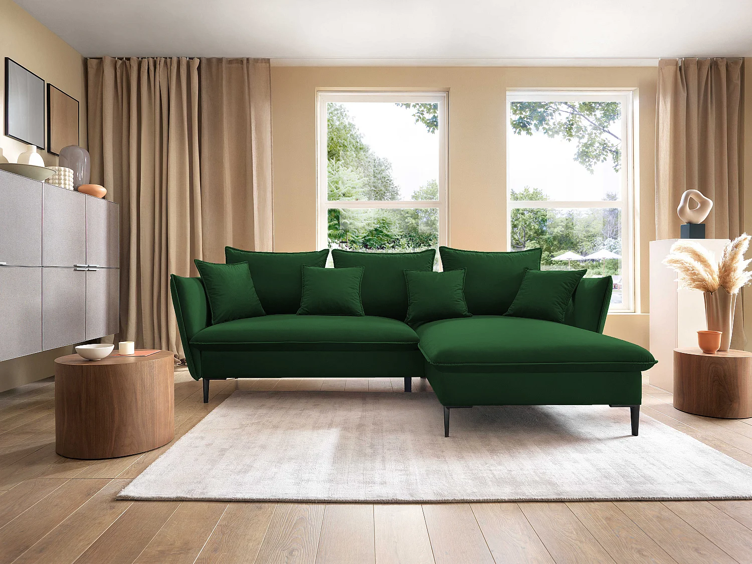Hoekbank GLOSS met slaapfunctie, ottomane & gouden poten – fluwelen bank in GLOSSstijl met sierkussens, 258x167x91cm, Rechterkant BURGUNDY