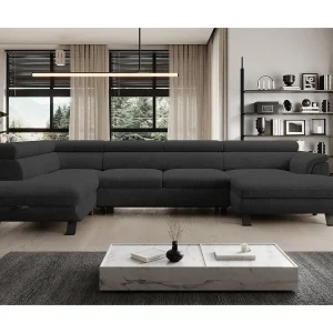 Hoekbank RAVEN XL met slaapfunctie, uittrekbed, verstelbare hoofdsteunen, opbergruimte, 334x198x162cm Links Antraciet