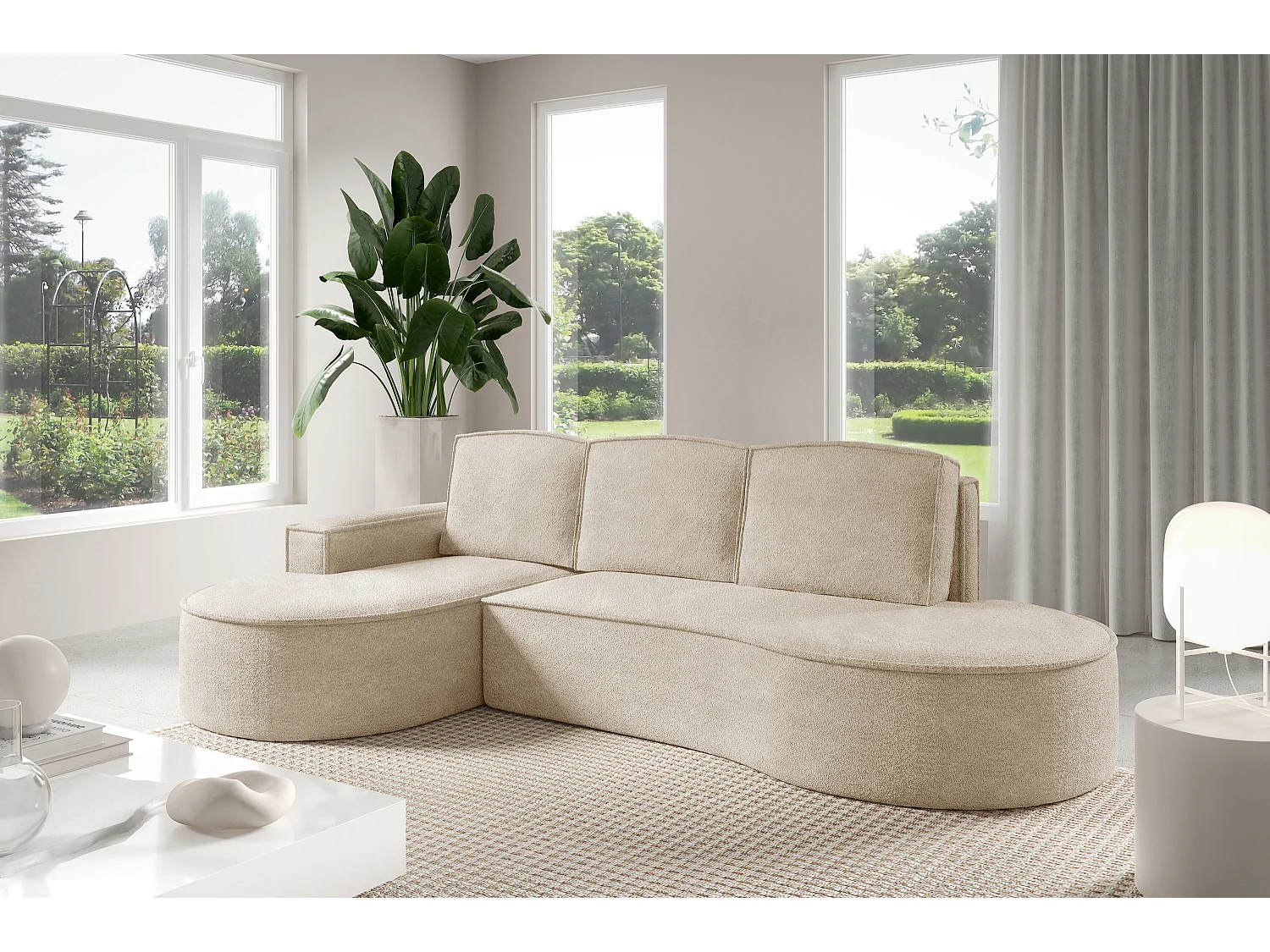 Hoekbank MOLLY met Slaapfunctie – Halfrond, Vrijstaand, Slaapoppervlak 140x207cm, 3 Grote Kussens, Abriamo Stof, 277x157x88cm, Links Beige