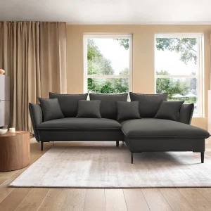 Hoekbank GLOSS met slaapfunctie, ottomane & gouden poten – fluwelen bank in GLOSSstijl met sierkussens, 258x167x91cm, Rechterkant ZWART Hoekbank GLOSS met slaapfunctie, ottomane & gouden poten – fluwelen bank in GLOSSstijl met sierkussens, 258x167x91cm, Rechterkant ZWART