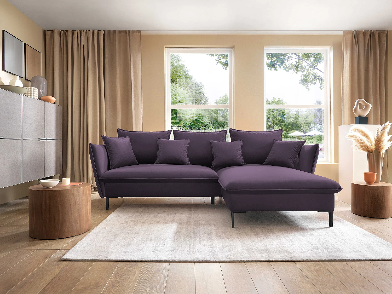 Hoekbank GLOSS met slaapfunctie, ottomane & gouden poten – fluwelen bank in GLOSSstijl met sierkussens, 258x167x91cm, Rechterkant LICHTGRIJS