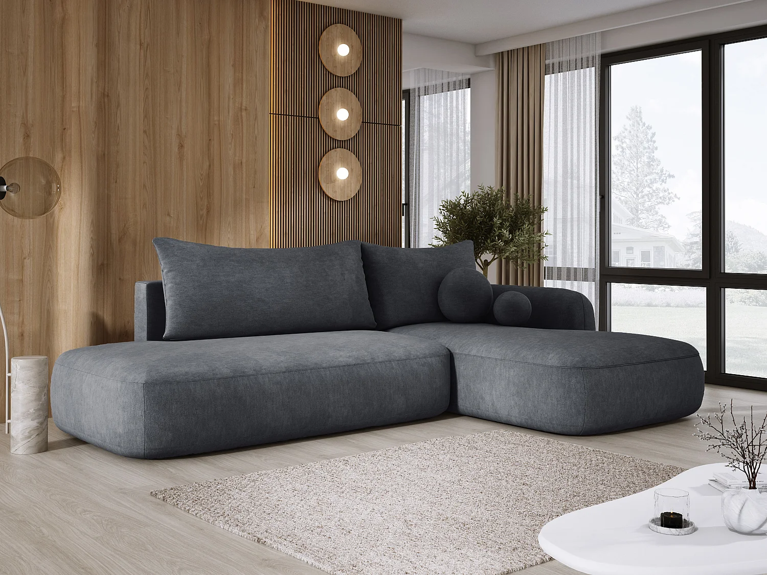 Hoekbank BABU met slaapfunctie – Moderne lounge voor woonkamer, functionele slaapbank in stof CLOUD, 300x105x60cm, rechterzijde, grijs