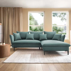 Hoekbank GLOSS met slaapfunctie, ottomane & gouden poten – fluwelen bank in GLOSSstijl met sierkussens, 258x167x91cm, Rechterkant BLAUW