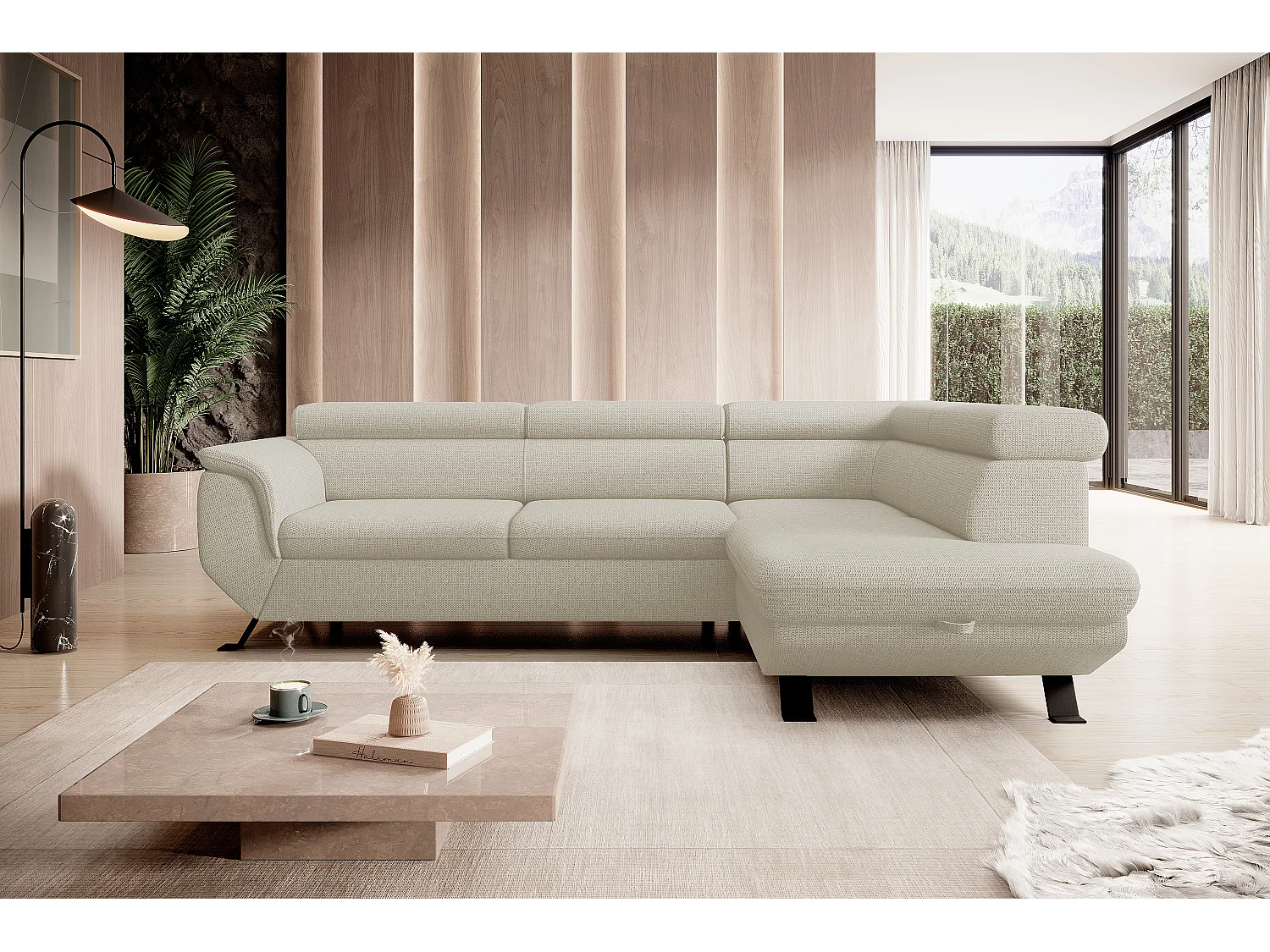 Gestoffeerde hoekbankRAVEN L met bedfunctie, bedruimte separaat, gestoffeerd met verstelbare hoofdsteunen 257x198x96 cm Rechts Beige