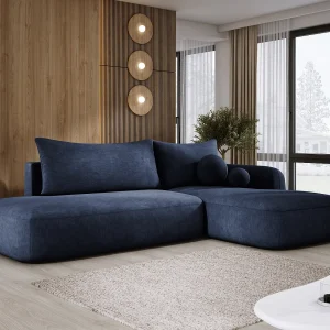 Hoekbank BABU met slaapfunctie – Moderne lounge voor woonkamer, functionele slaapbank in stof CLOUD, 300x105x60cm, rechterzijde, blauw Hoekbank BABU met slaapfunctie – Moderne lounge voor woonkamer, functionele slaapbank in stof CLOUD, 300x105x60cm, rechterzijde, blauw