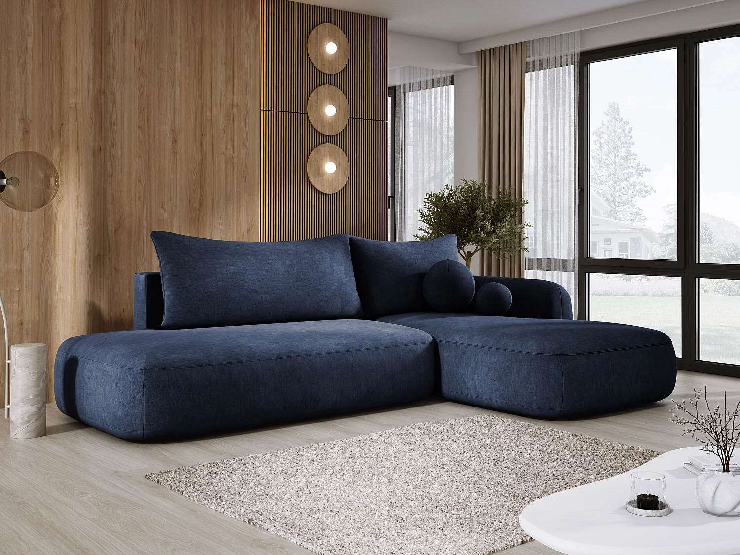 Hoekbank BABU met slaapfunctie – Moderne lounge voor woonkamer, functionele slaapbank in stof CLOUD, 300x105x60cm, rechterzijde, blauw