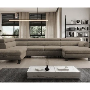 Hoekbank RAVEN XL met slaapfunctie, uittrekbed, verstelbare hoofdsteunen, opbergruimte, 334x198x162cm Links Beige