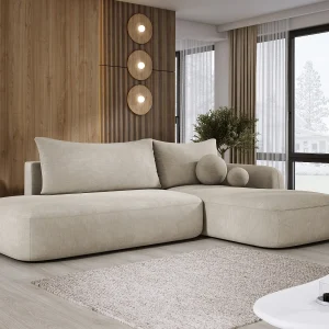 Hoekbank BABU met slaapfunctie – Moderne lounge voor woonkamer, functionele slaapbank in stof CLOUD, 300x105x60cm, rechterzijde, Beige Hoekbank BABU met slaapfunctie – Moderne lounge voor woonkamer, functionele slaapbank in stof CLOUD, 300x105x60cm, rechterzijde, Beige