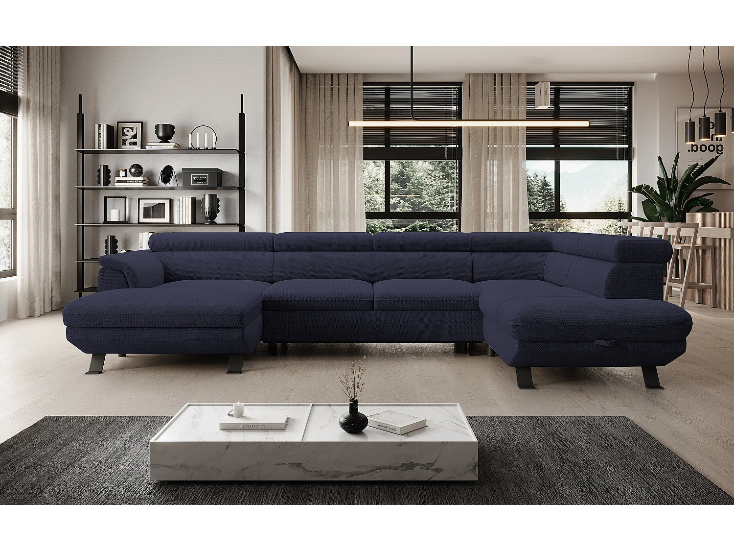 Hoekbank RAVEN XL met slaapfunctie, uittrekbed, verstelbare hoofdsteunen, opbergruimte, 334x198x162cm Rechts Zee