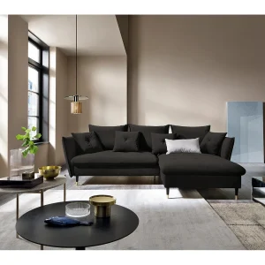 Hoekbank GLAM met slaapfunctie, ottomane & gouden poten – fluwelen bank in glamstijl met sierkussens, 258x167x91cm, Rechterkant ZWART