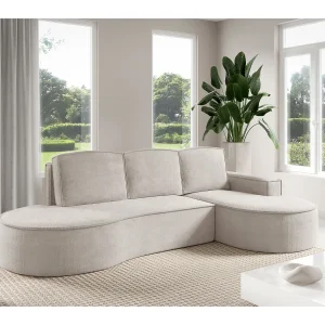 Hoekbank MOLLY met Slaapfunctie – Halfrond, Vrijstaand, Slaapoppervlak 140x207cm, 3 Grote Kussens, Curio Stof, 277x157x88cm, Rechts Wit