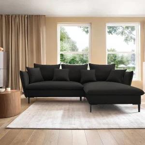 Hoekbank GLOSS met slaapfunctie, ottomane & gouden poten – fluwelen bank in GLOSSstijl met sierkussens, 258x167x91cm, Rechterkant BEIGE