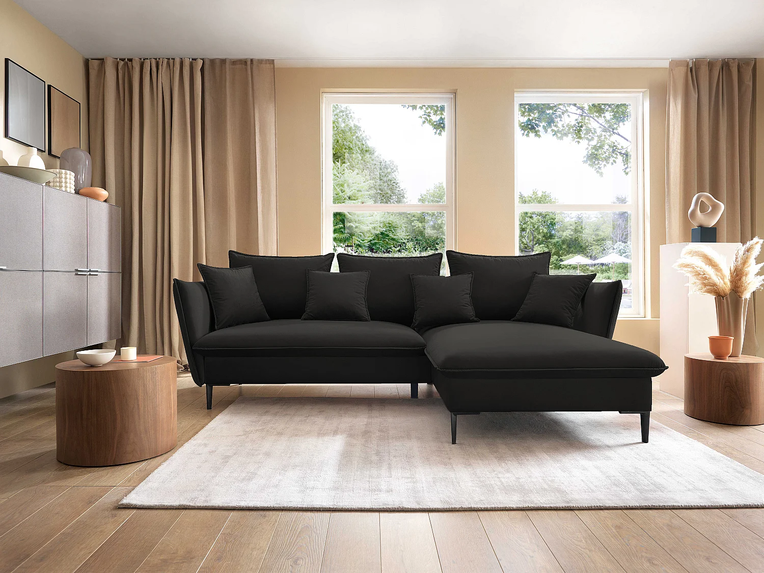 Hoekbank GLOSS met slaapfunctie, ottomane & gouden poten – fluwelen bank in GLOSSstijl met sierkussens, 258x167x91cm, Rechterkant BEIGE