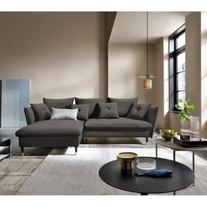 Hoekbank GLAM met slaapfunctie, ottomane & gouden poten – fluwelen bank in glamstijl met sierkussens, 258x167x91cm, Linkerkant DONKERGRIJS Hoekbank GLAM met slaapfunctie, ottomane & gouden poten – fluwelen bank in glamstijl met sierkussens, 258x167x91cm, Linkerkant DONKERGRIJS