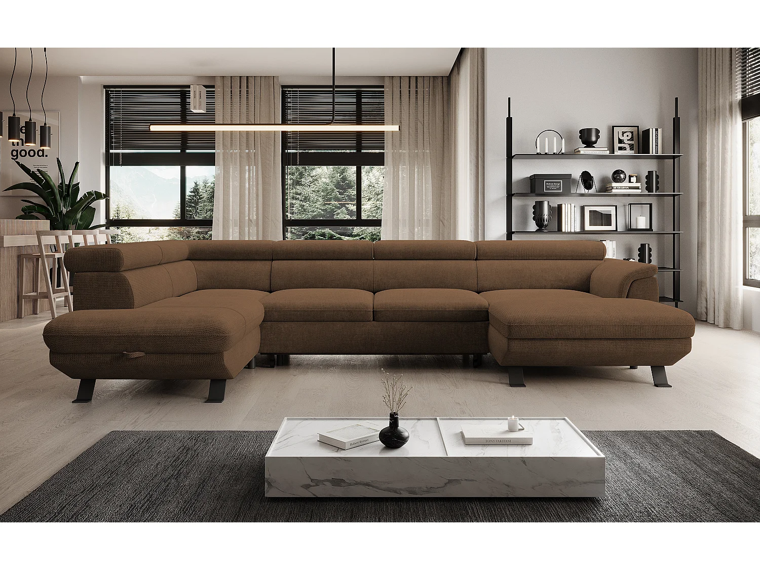 Hoekbank RAVEN XL met slaapfunctie, uittrekbed, verstelbare hoofdsteunen, opbergruimte, 334x198x162cm Links Roest