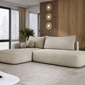 Hoekbank BABU met slaapfunctie – Moderne lounge voor woonkamer, functionele slaapbank in stof CLOUD, 300x105x60cm, linkerzijde, Beige Hoekbank BABU met slaapfunctie – Moderne lounge voor woonkamer, functionele slaapbank in stof CLOUD, 300x105x60cm, linkerzijde, Beige