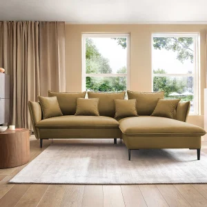 Hoekbank GLOSS met slaapfunctie, ottomane & gouden poten – fluwelen bank in GLOSSstijl met sierkussens, 258x167x91cm, Rechterkant PAARS Hoekbank GLOSS met slaapfunctie, ottomane & gouden poten – fluwelen bank in GLOSSstijl met sierkussens, 258x167x91cm, Rechterkant PAARS
