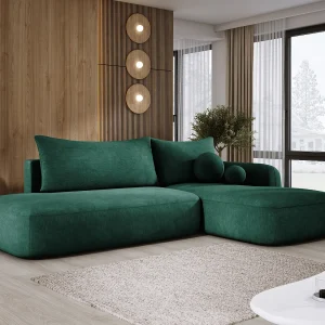 Hoekbank BABU met slaapfunctie – Moderne lounge voor woonkamer, functionele slaapbank in stof CLOUD, 300x105x60cm, rechterzijde, groen Hoekbank BABU met slaapfunctie – Moderne lounge voor woonkamer, functionele slaapbank in stof CLOUD, 300x105x60cm, rechterzijde, groen