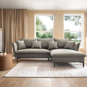Hoekbank GLOSS met slaapfunctie, ottomane & gouden poten – fluwelen bank in GLOSSstijl met sierkussens, 258x167x91cm, Rechterkant GROEN